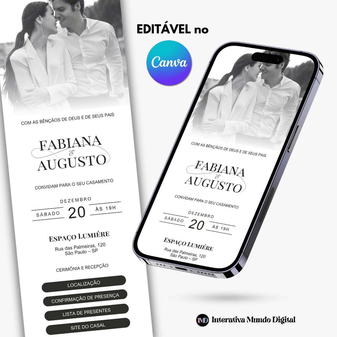 Convite Interativo de Casamento Branco e Preto