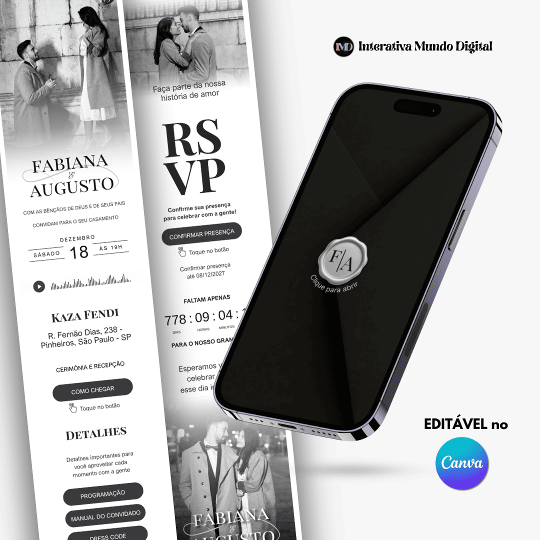 Convite Online de Casamento Minimalista Branco e Preto