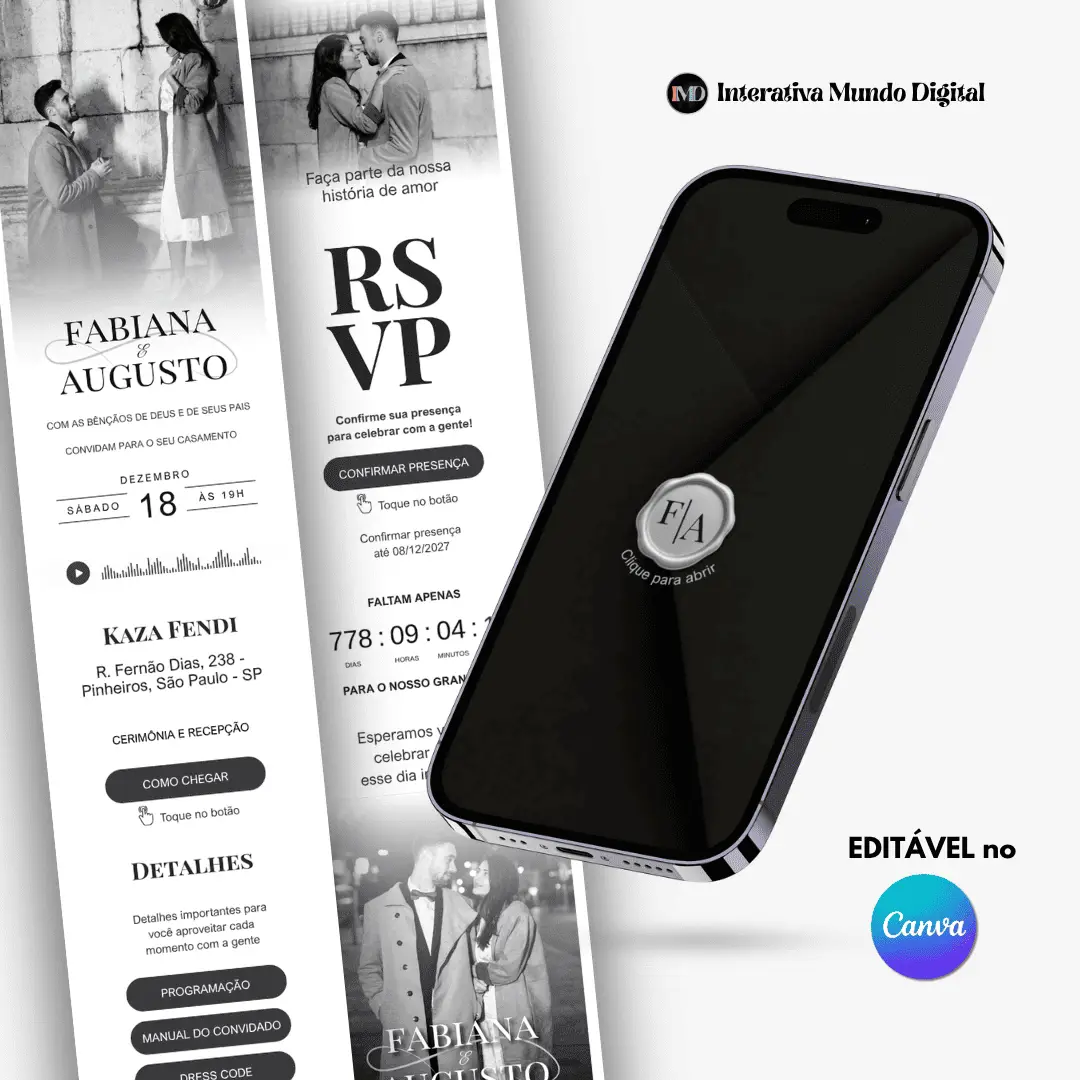 Convite Online de Casamento Minimalista Branco e Preto