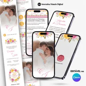 Convite Online de Casamento Floral Rosa e Amarelo Aquarela