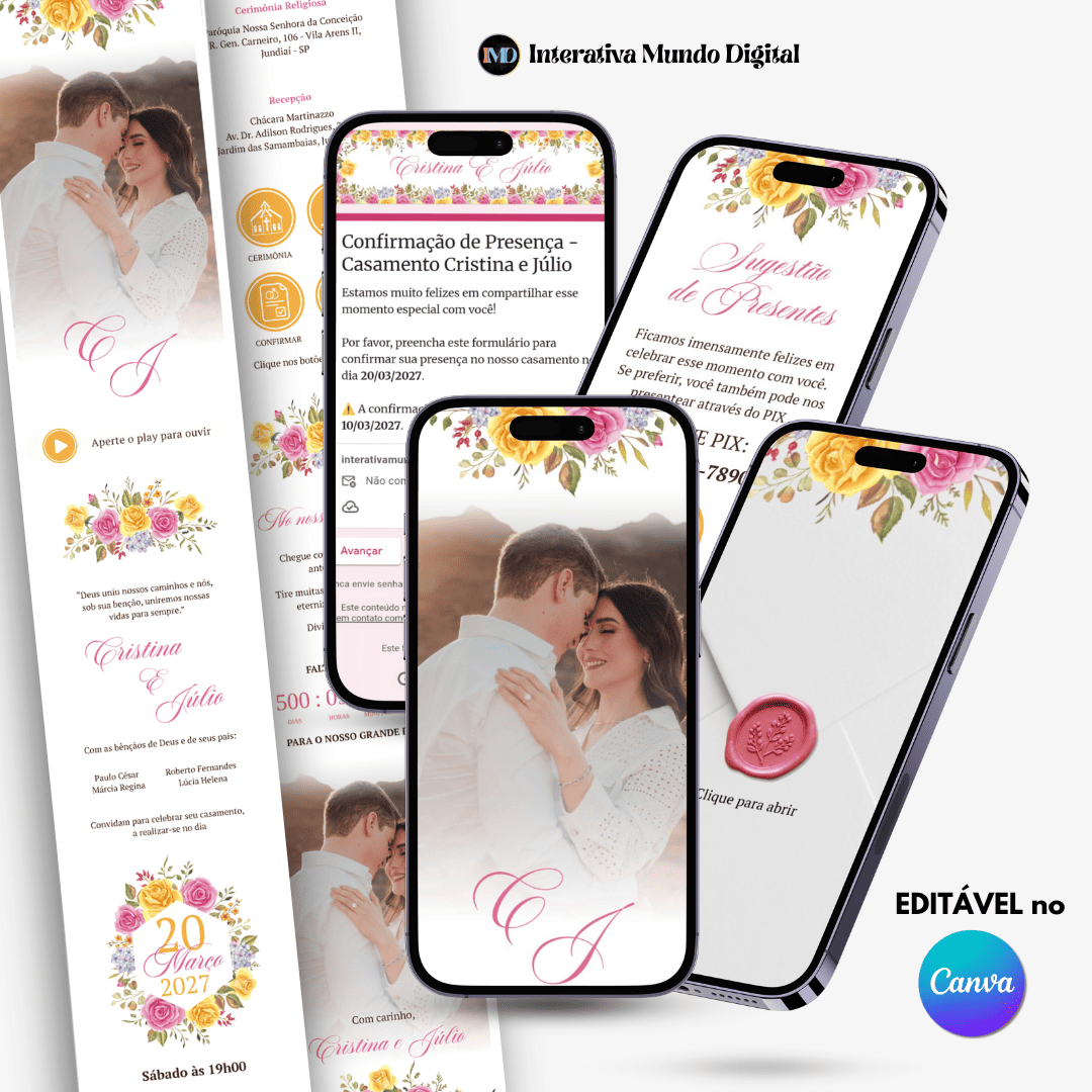 Convite Online de Casamento Floral Rosa e Amarelo Aquarela