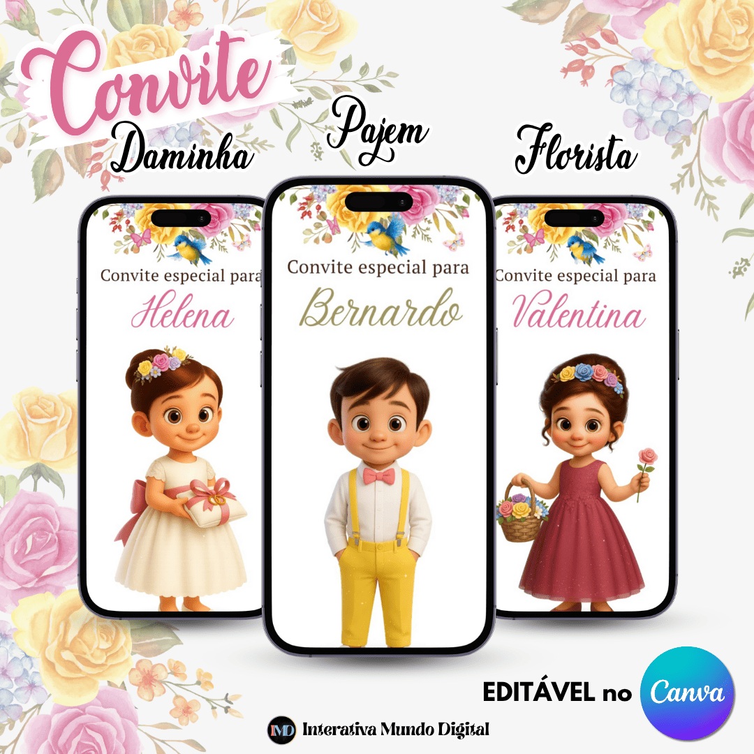 Convite e Manual Online para Daminha, Pajem e Florista Floral Rosa e Amarelo Aquarela