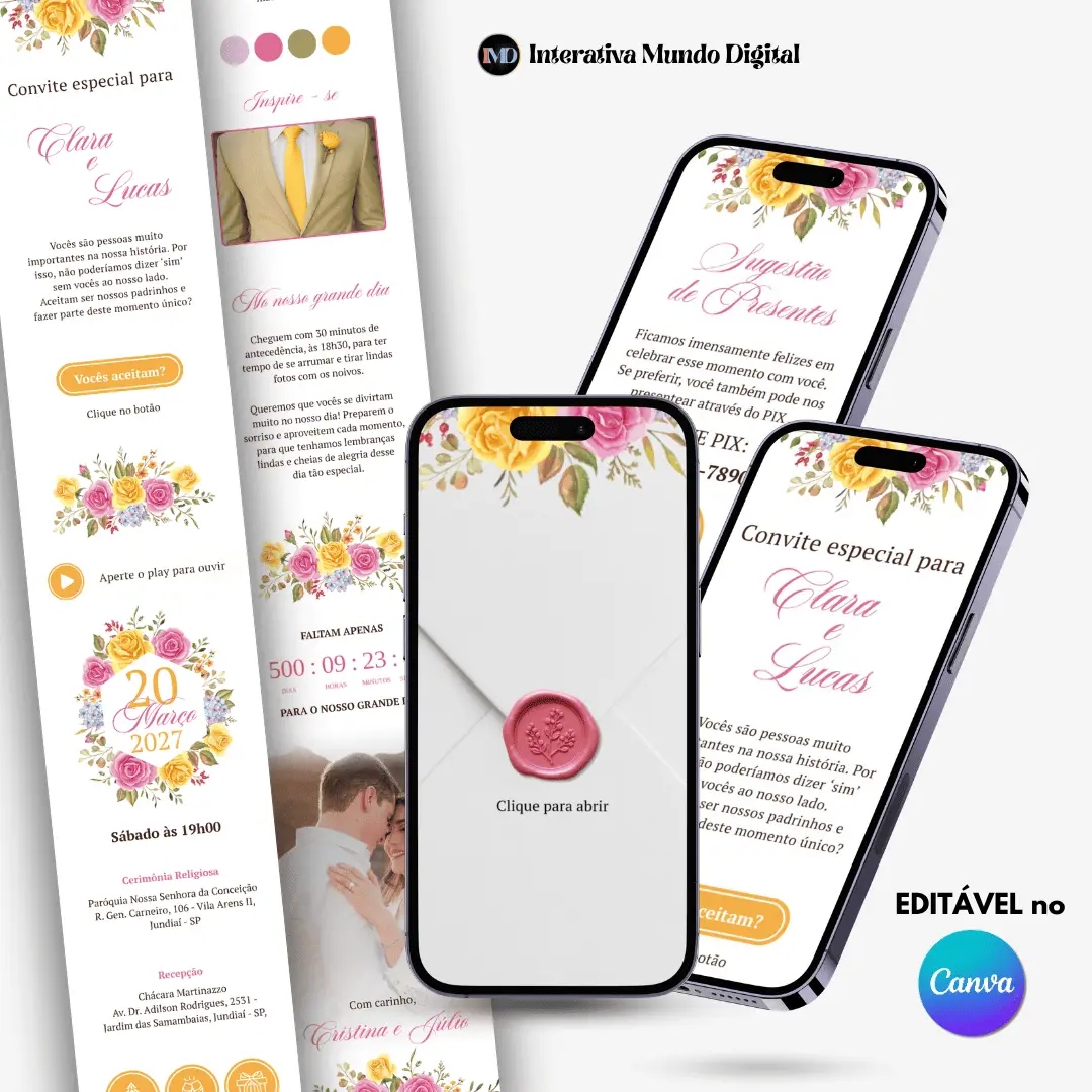 Convite e Manual Online para Padrinhos Floral Rosa e Amarelo Aquarela